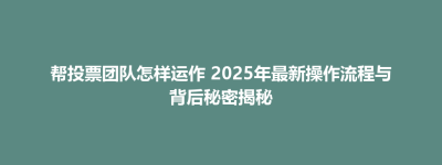 昌江区帮投票团队怎样运作 2025年最新操作流程与背后秘密揭秘