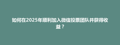如何在2025年顺利加入微信投票团队并获得收益？