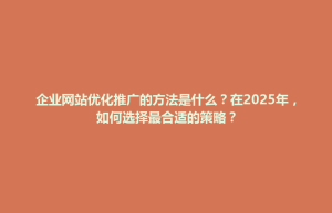 禅城区企业网站优化推广的方法是什么？在2025年，如何选择最合适的策略？